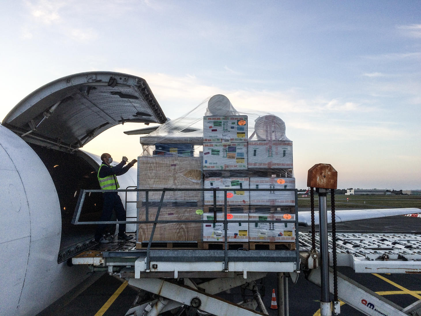 MSF teams are loading medical equipment including inflatable hospital in Merignac airport on 21 March 2020 to be sent to Ispahan, Iran to respond to the coronavirus pandemic.