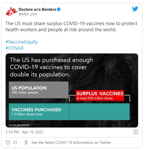 The US must share surplus COVID-19 vaccines now to protect health workers and people at risk around the world. 