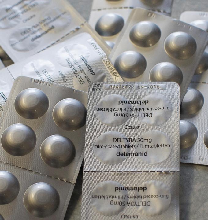 Close up of sachets of the drug Delamanid in the Town 2 Clinic, Kuyasa, Khayelitsha, Western Cape in South Africa.