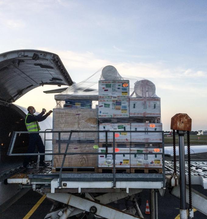 MSF teams are loading medical equipment including inflatable hospital in Merignac airport on 21 March 2020 to be sent to Ispahan, Iran to respond to the coronavirus pandemic.