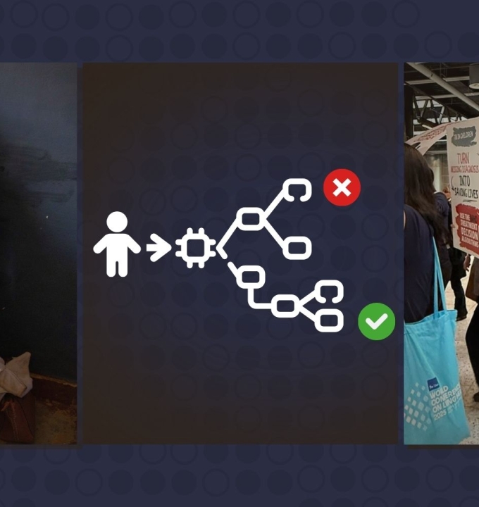 Mix of images from newsletter, including algorithms infographics, John Green in a TB rally and a patient from TACTiC study.