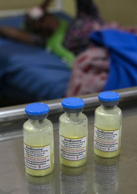 Vials of Amphotericin B which is used to treat Cryptococcal Meningitis, an opportunistic infection affecting very low immunity from HIV patients.