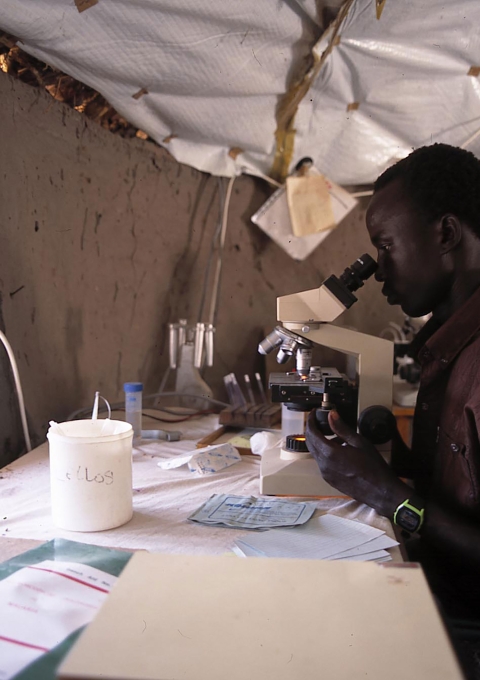 Lankien, South Sudan, 1998. Local nurse examining microscope slides of spleen punctures for possible Kala-azar parasites.