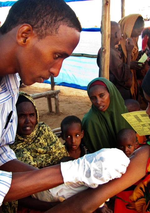 Measles vaccination. Some six hundred under-15s are vaccinated every day at the transit camp. Coupled with high levels of malnutrition, measles can be fatal.