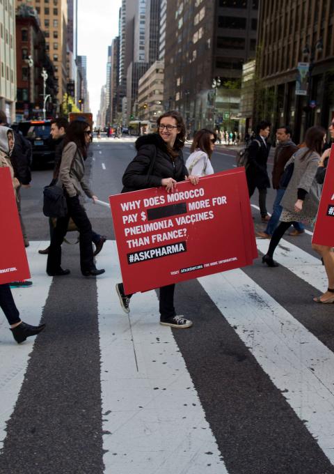 Activists from Doctors Without Borders protest vaccine pricing policies in front of the Pfizer World Headquarters in New York NY, Thursday, April 22, 2015. Pfizer refuses to publish the price of the pnuemococcal vaccine, preventing developing countries from negotiating a fair price for the drug.