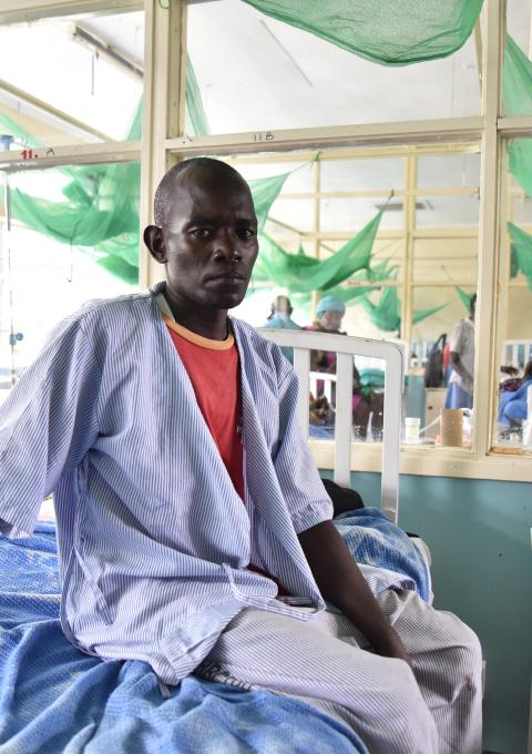 David was admitted at the HBCTRH after he falling sick. He had cryptococcal meningitis and Karposi Sarcoma – a kind of cancer common among HIV-positive patients who are failing treatment. The KS had affected his left leg as well and he has to walk using supports.