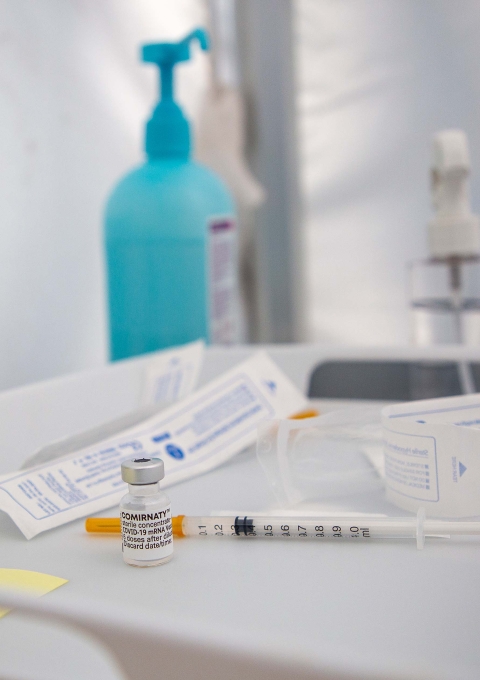 Covid-19 vaccination and material are being prepared before the injections are made at MSF mobile clinic, north of Paris.