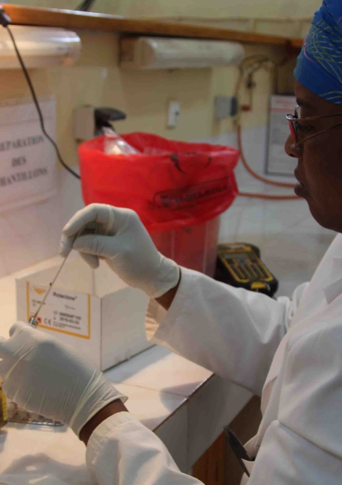A specimen being tested at a laboratory in Maradi, Niger, as part of a clinical trial for an oral vaccine against rotavirus infection.
