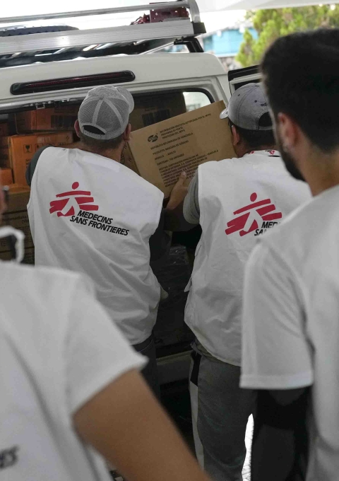The MSF team prepare medical supplies to transport by motor boat to isolated communities in Delta Amacuro state, northeastern Venezuela.