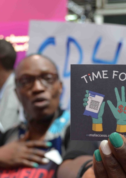 MSF protests at International AIDS Conference asking for price reduction for CAB-LA and LEN-LA.