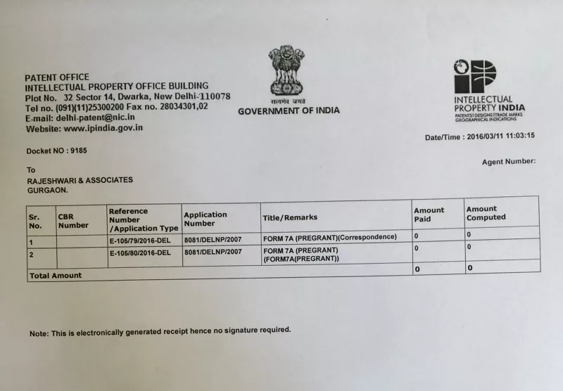 Electronic receipt received after patent opposition submitted by MSF for pneumococcal conjugate vaccine.