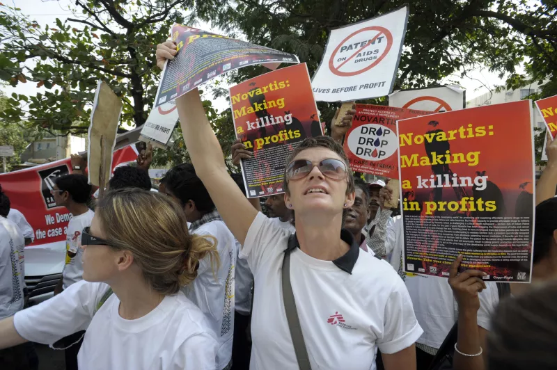 Novartis has been pursuing a legal case aimed at gutting India’s patent law of important public health safeguards since 2006. The law allows companies in India to produce affordable generic medicines on which MSF and other care providers in developing countries heavily rely to do our work.  A protest was organised by Indian civil society on World AIDS Day, 1 December 2011, in front of Novartis' Mumbai Office.
