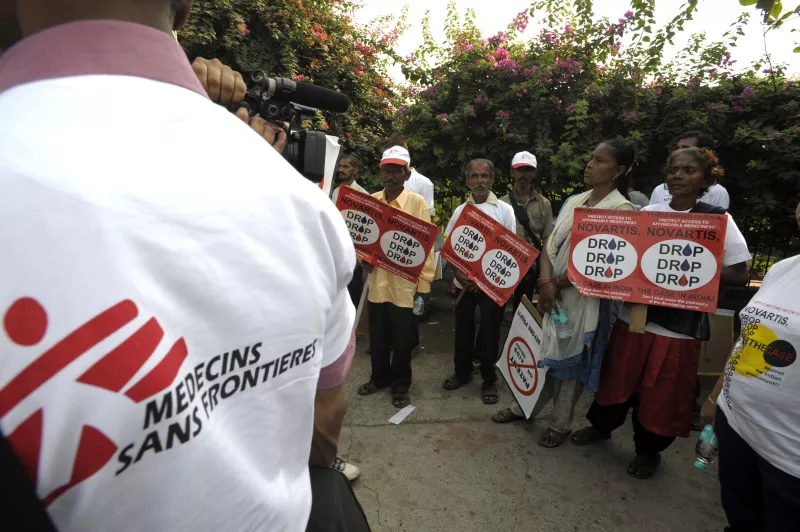 Novartis has been pursuing a legal case aimed at gutting India’s patent law of important public health safeguards since 2006. The law allows companies in India to produce affordable generic medicines on which MSF and other care providers in developing countries heavily rely to do our work.  A protest was organised by Indian civil society on World AIDS Day, 1 December 2011, in front of Novartis' Mumbai Office.