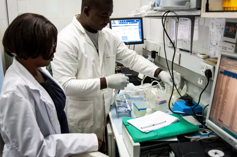 Staff at the Thyolo District Hospital viral load laboratory, which can process 160 DBS samples.