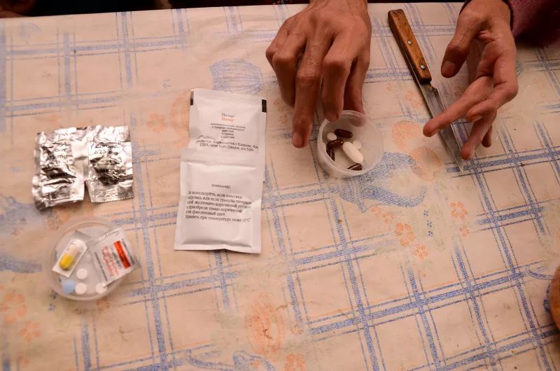 Daily dose of TB antibiotics and side effect drugs of the patient with MDR-TB. Every day this patient takes at the same time ten 2nd-line TB drugs, including PAS, notorious for severe side effects such as nausea, vomiting, dizziness.