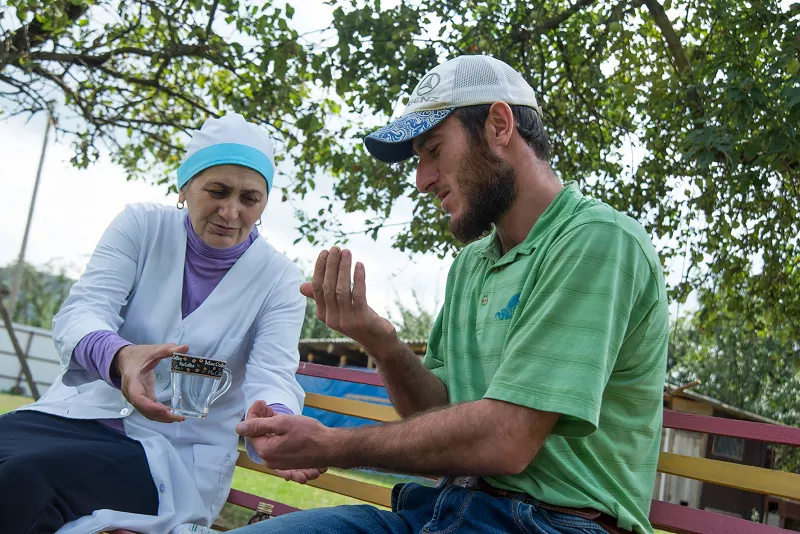 Sultan, 22, from Serzhen-Yurt, Shali district, Chechnya, is on ambulatory treatment for XDR TB. Raisa is a nurse in a local ambulatory clinic. She visits Sultan daily to make sure he takes his TB medicine.