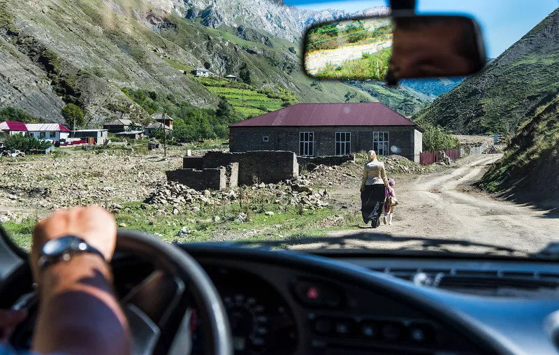 MSF team on the way to visit an outpatient with XDR TB in a remote village of Kenkhi in mountainous Sharoy district on the border with neighbouring Dagestan. It’s 3 hours’ drive on a bumpy road from the capital – Grozny.