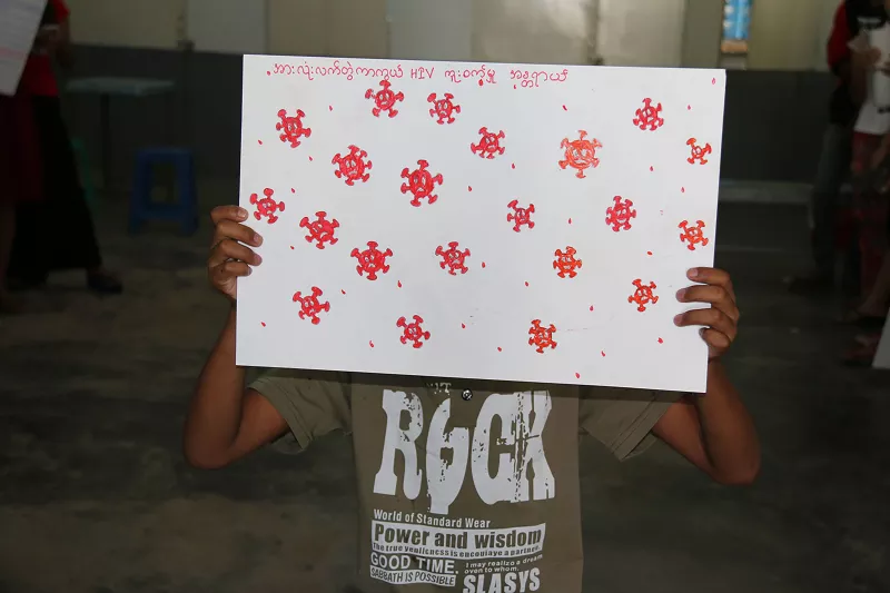 During a peer group activity at MSF’s Thaketa Clinic in Yangon , HIV+ Adolescents expressed their feelings by painting pictures and writing letters in anticipation of World AIDS Day 2016. 