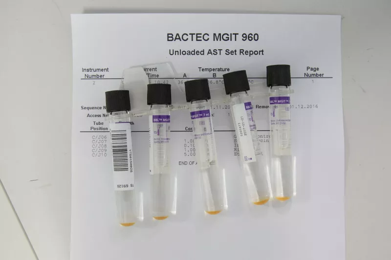 Bacteria culture tubes for BACTEC™ MGIT™ 960 Mycobacterial detection system in the National TB Reference Laboratory. This device helps growing and detecting TB bacteria and determining drug resistances. Government Hospital, Mbabane, Swaziland. Photograph by Alexis Huguet