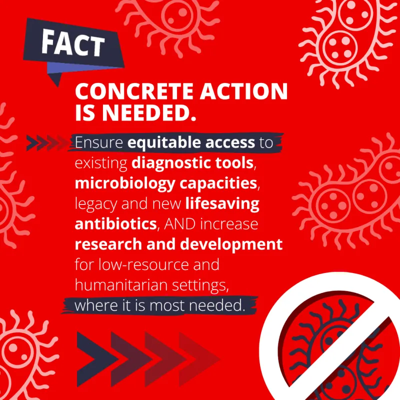 CONCRETE ACTION IS NEEDED. Ensure equitable access to existing diagnostic tools, microbiology capacities, legacy and new lifesaving antibiotics, AND increase research and development for low-resource and humanitarian settings, where it is most needed.