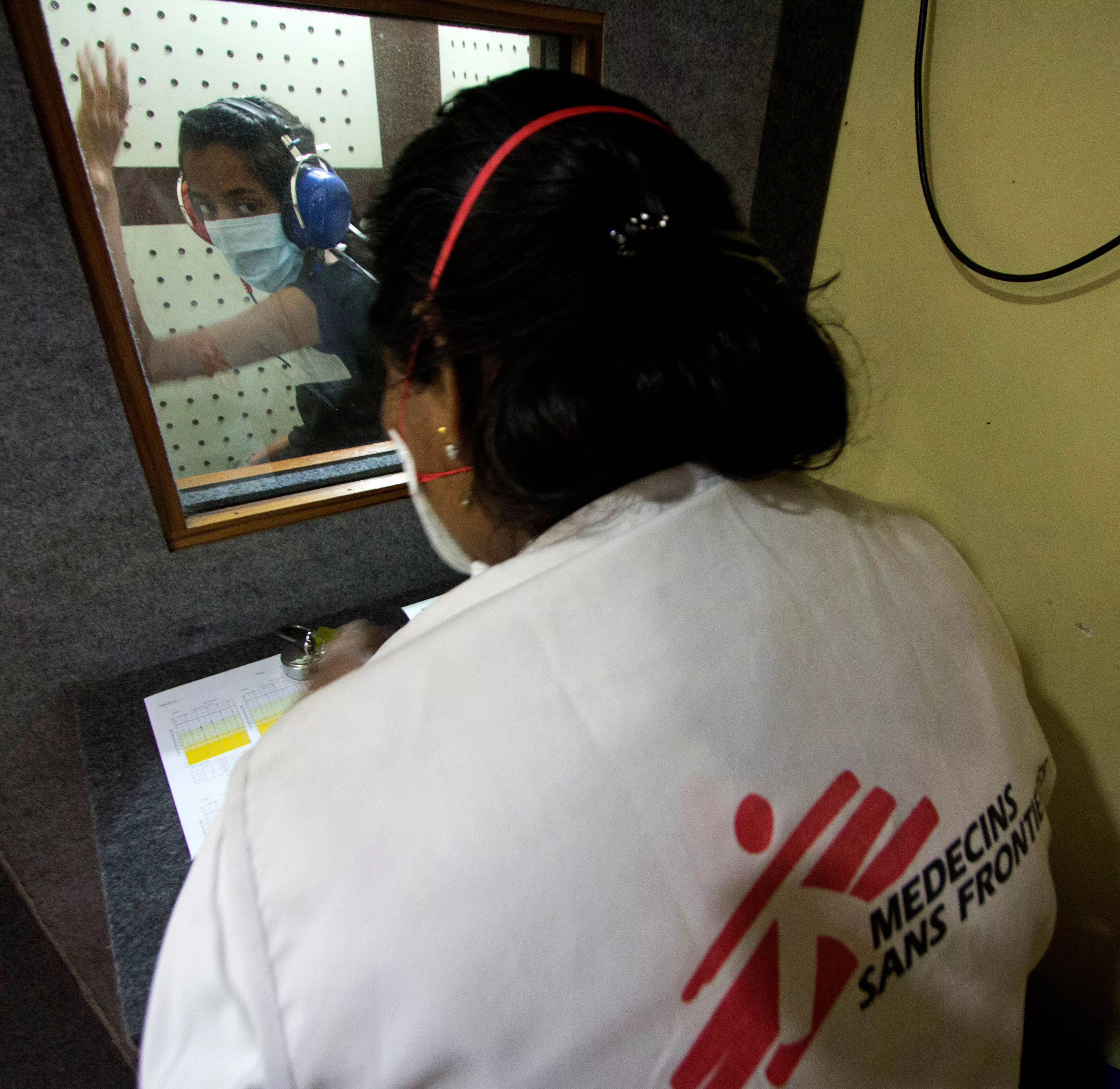 An Extensively Drug Resistant Tuberculosis (XDR-TB) patient undergoing an audiometry test to assess the hearing ability, as hearing loss is one of the side-effects of DRTB drugs