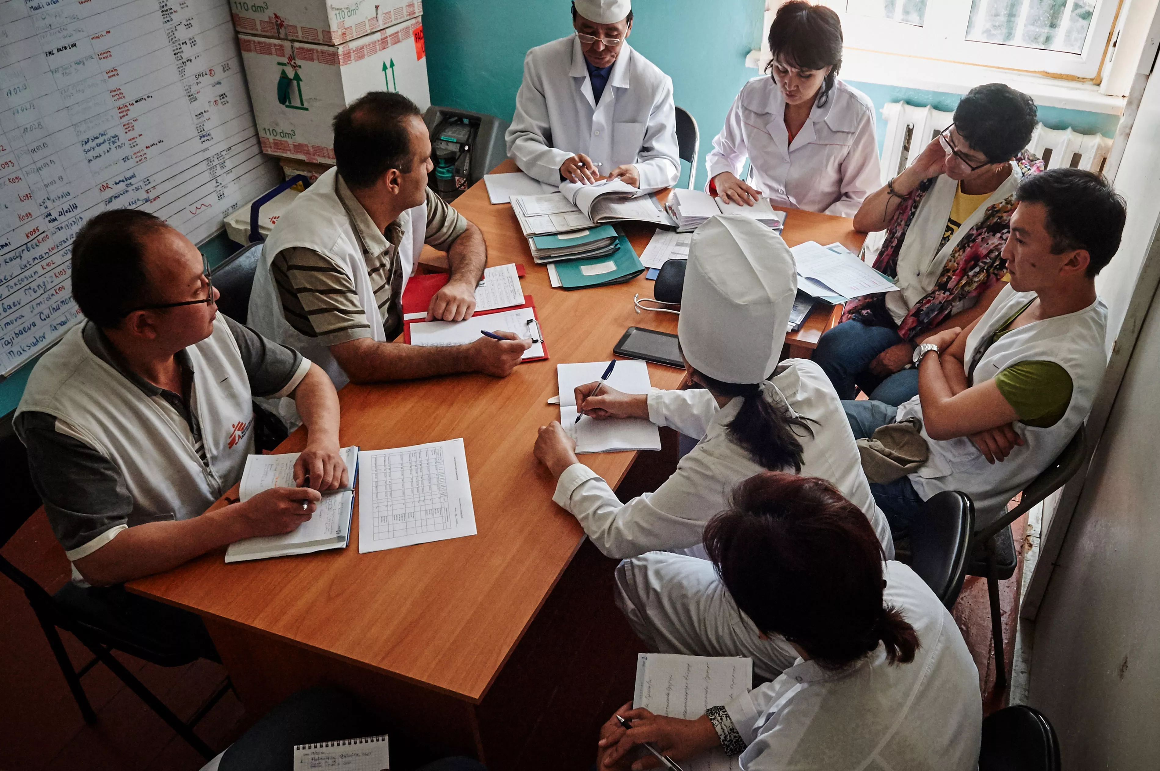 The highest TB rates in Kyrgyzstan are in Kara-Suu district, Osh province. Weekly meeting of the local medical staff with the supervising and counselling staff of MSF. Case review before medical round.