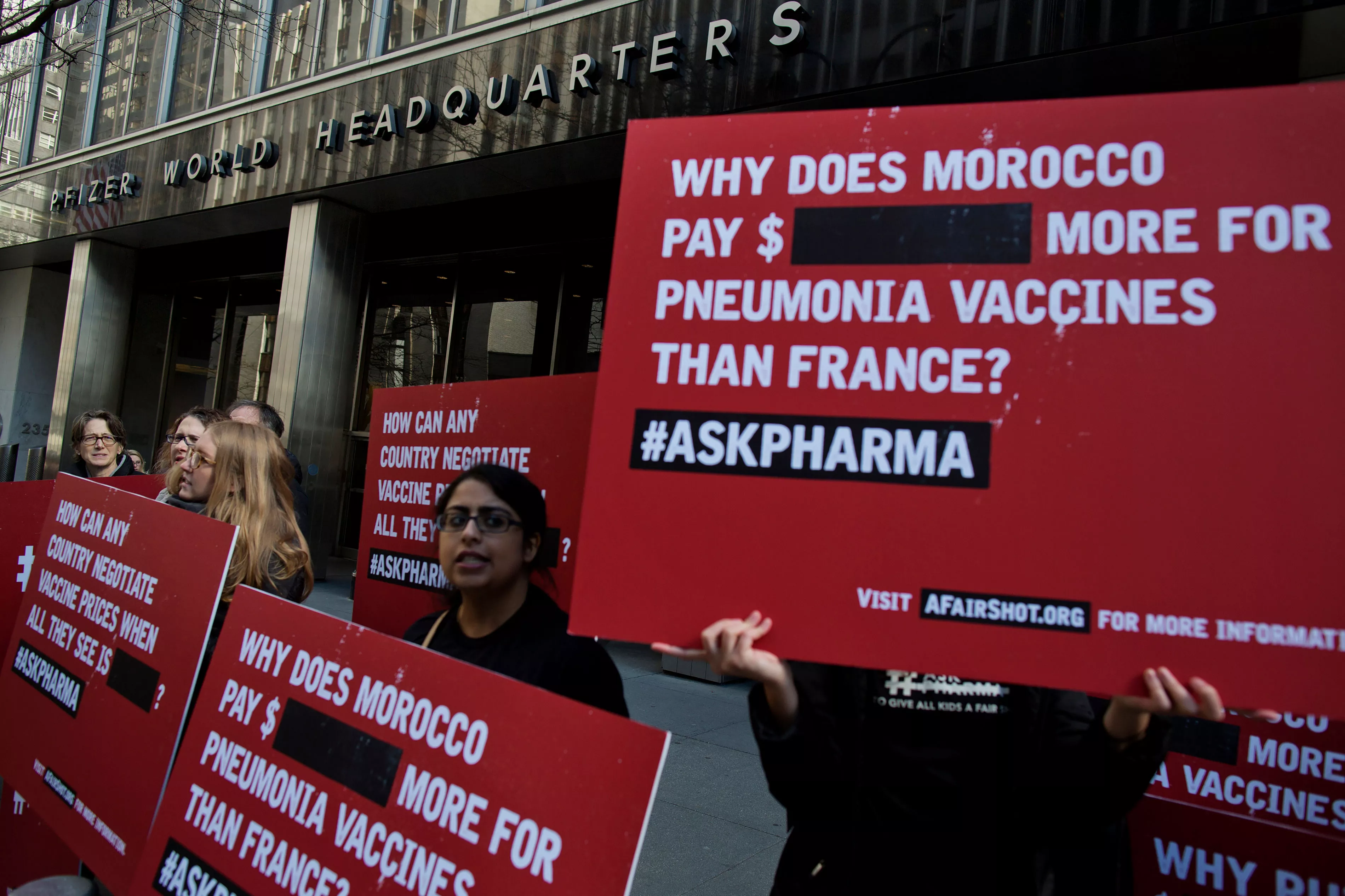 Activists from Doctors Without Borders protest vaccine pricing policies in front of the Pfizer World Headquarters in New York NY, Thursday, April 22, 2015. Pfizer refuses to publish the price of the pnuemococcal vaccine, preventing developing countries from negotiating a fair price for the drug. 