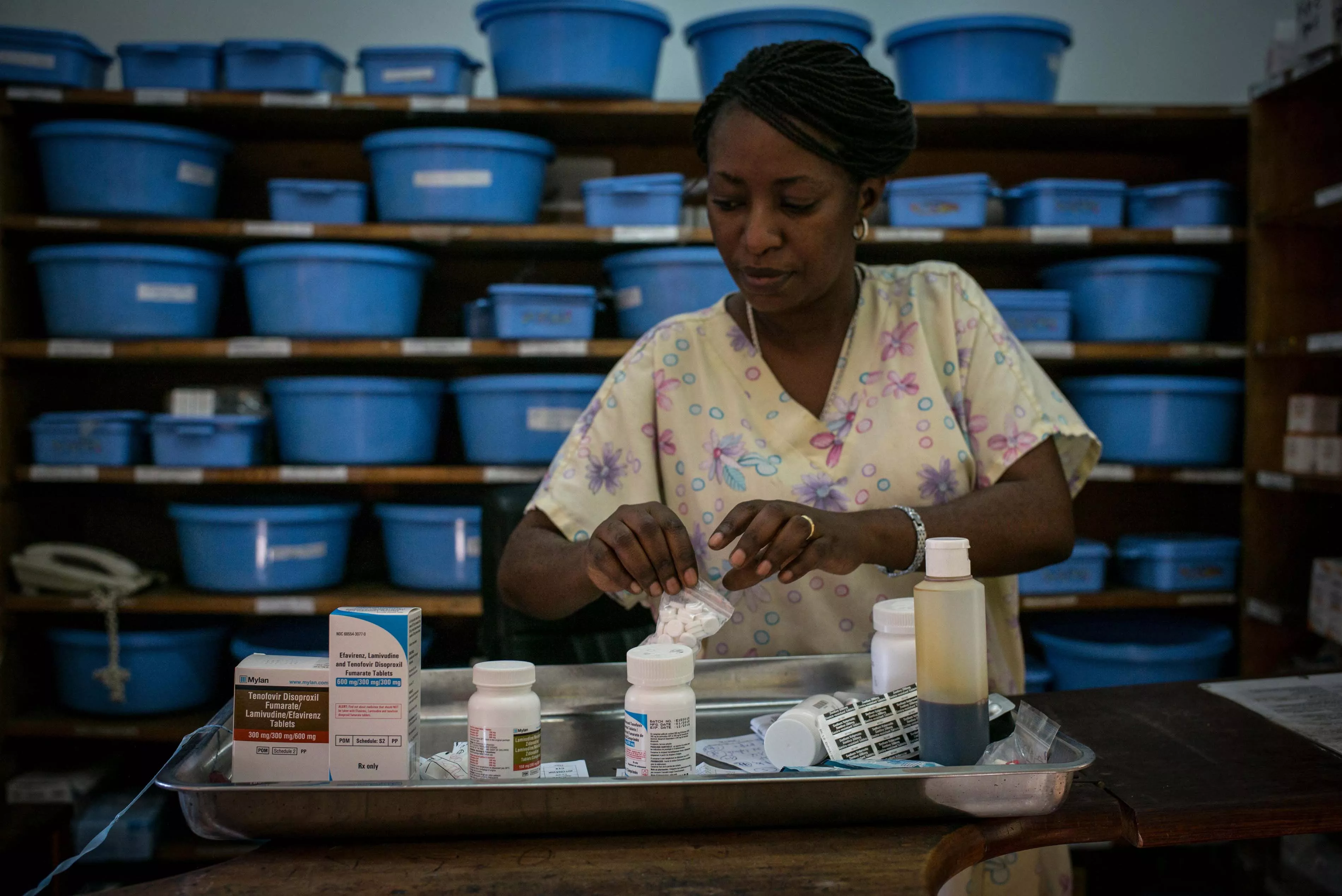 Pharmacy at the Medecins Sans Frontieres (MSF) hospital in Kinshasa, DRC. Photograph by Guillaume Binet/MYOP