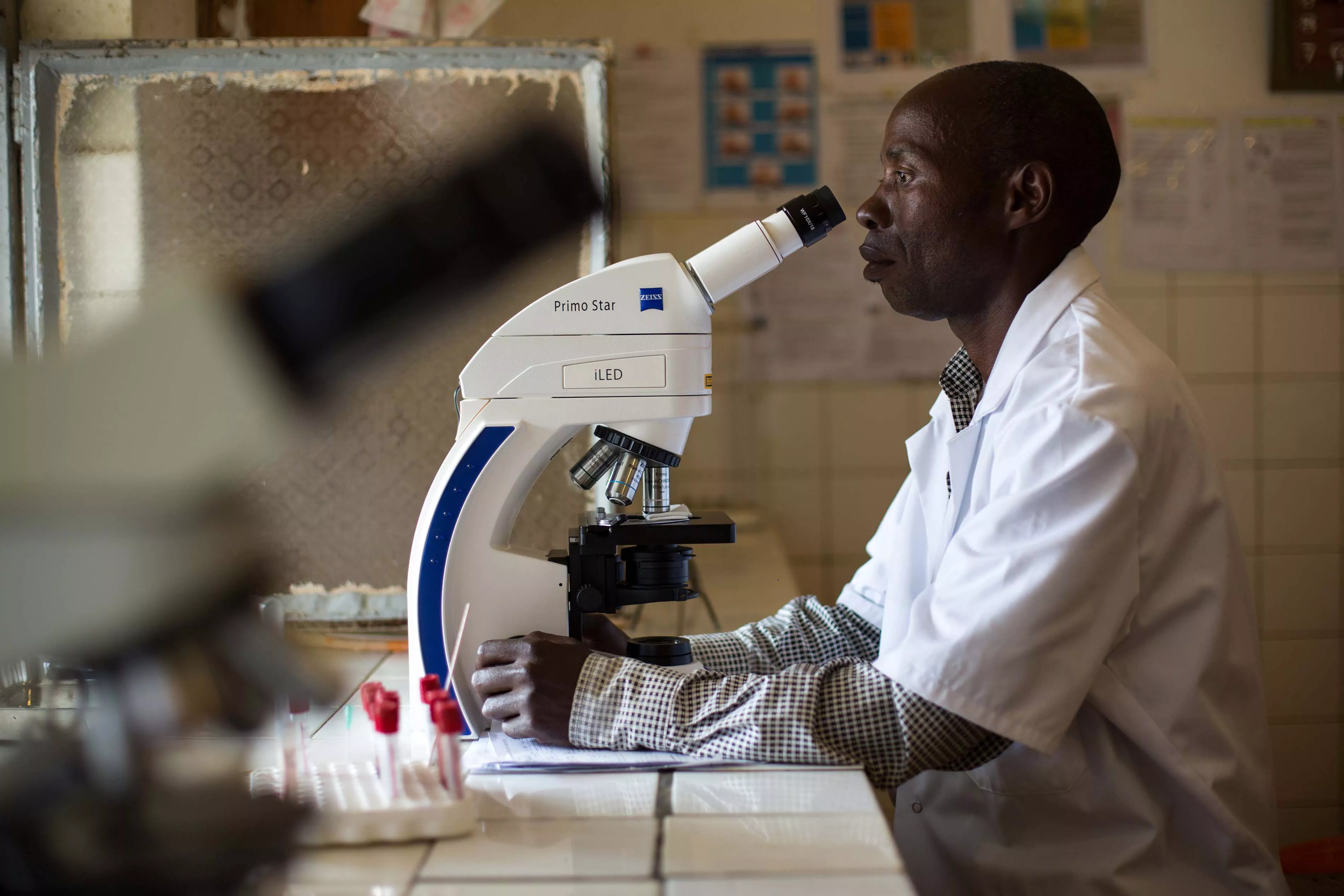 Lab technician Christophe KIKWABANTU at the laboratory of Walikale Hospital, North Kivu, February 12, 2017.