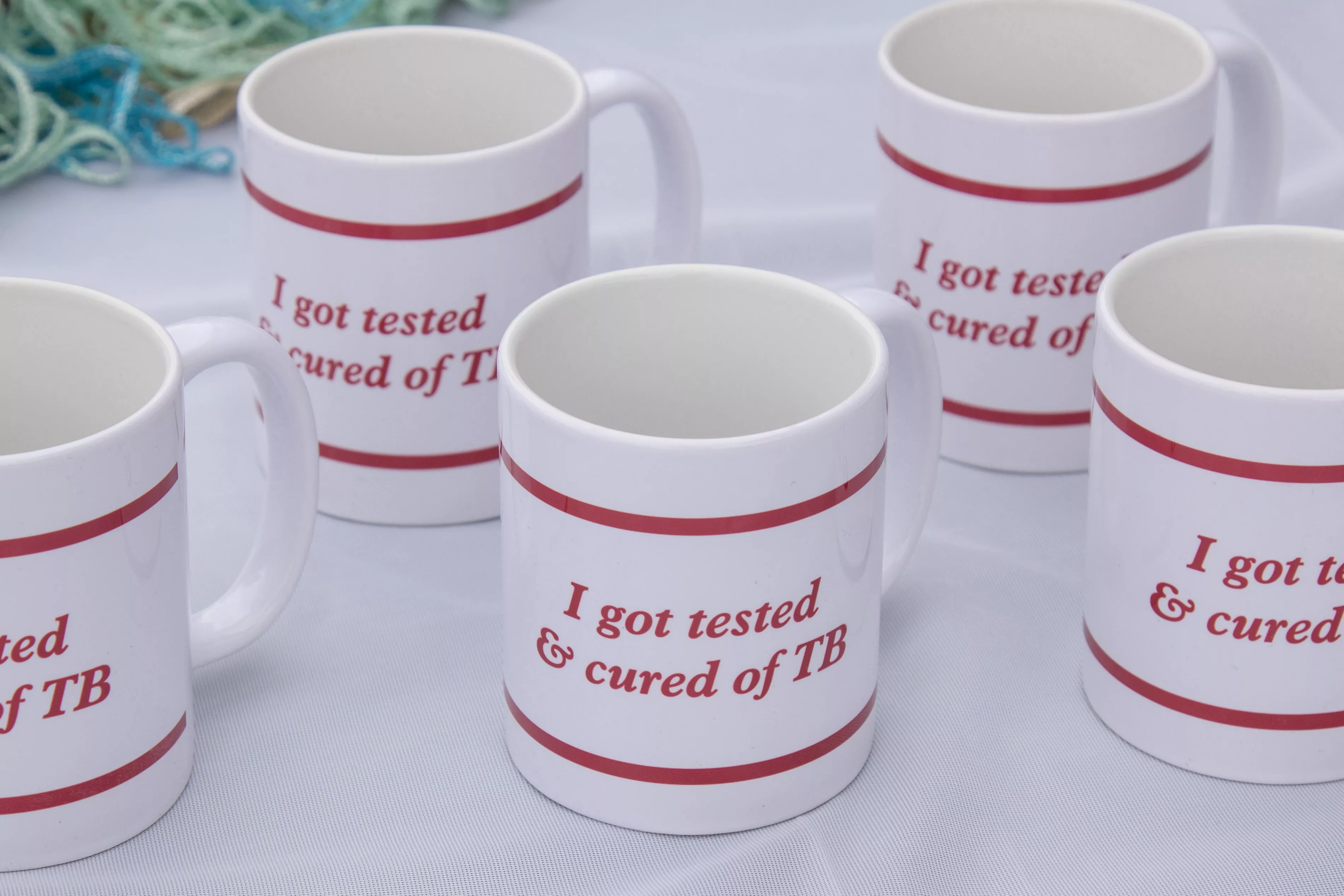 Gift mugs offered during the "accomplished MDR-TB treatment" graduation in the MSF Matsapha clinic. Matsapha, Manzini Region, Swaziland. Photograph by Alexis Huguet