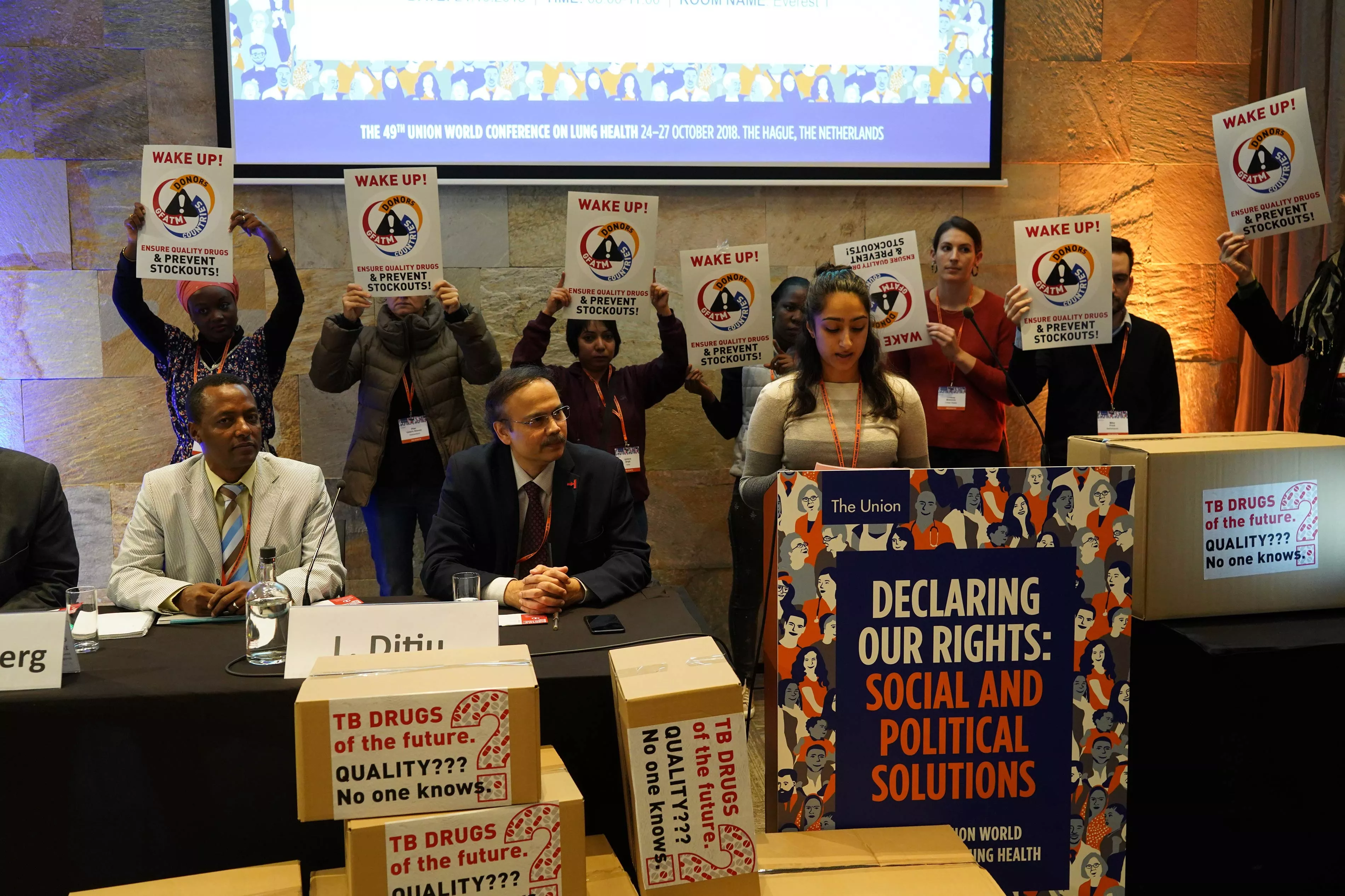 A coalition of civil society members and organisations, including MSF Access Campaign, carried out several advocacy related activities, including protests, at The 49th Union World Conference on Lung Health in The Hague, The Netherlands 24-27 October 2018.  Photos are from a protest on 24 October 2018 where activists brought attention to the drug procurement challenges countries face when they shift from Global Fund support to domestic procurement and co-financing issues.