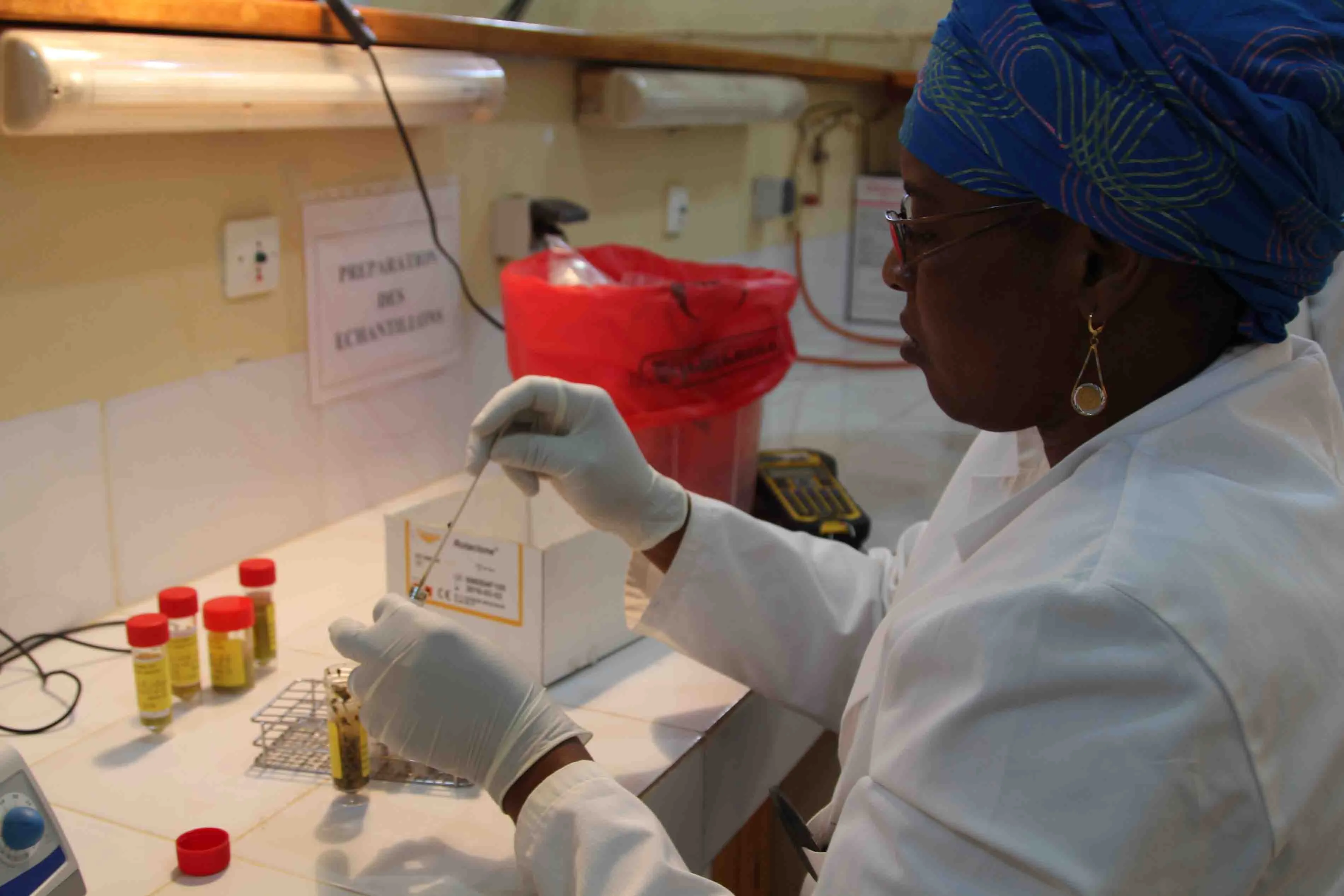 A specimen being tested at a laboratory in Maradi, Niger, as part of a clinical trial for an oral vaccine against rotavirus infection.