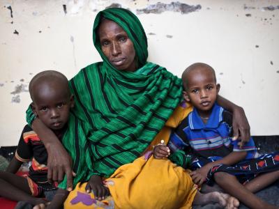 abiba Dahir Muse with her two sons Shafeer (4, left) and Abdikayr, (5, right). They came from Galgaduud region, about 160 kilometers from Galcayo. Her children were suffering from Diphtheria, two of her daughters died already. After their funeral she took the bus and brought her sons to the hospital. The transport money was collected among her community. After some days in isolation the boys are getting better and are now in the TFC (Therapeutic Feeding Centre) at the hospital MSF runs in Galcayo South. Hab