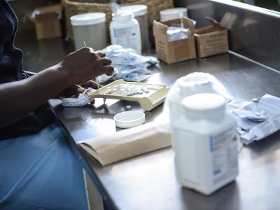 Staff at the Epworth clinic pharmacy preparing medication to be collected by patient. Photograph by Ikram N'gadi
