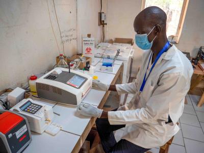 MSF Lab Technician, Peter Par Koang, conducts tests in Old Fangak, South Sudan, hospital.