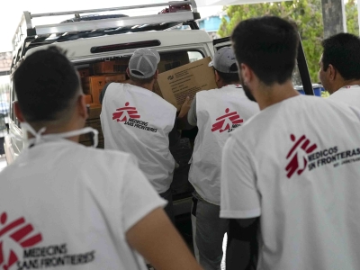 The MSF team prepare medical supplies to transport by motor boat to isolated communities in Delta Amacuro state, northeastern Venezuela.