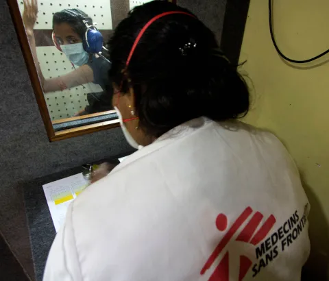 An Extensively Drug Resistant Tuberculosis (XDR-TB) patient undergoing an audiometry test to assess the hearing ability, as hearing loss is one of the side-effects of DRTB drugs