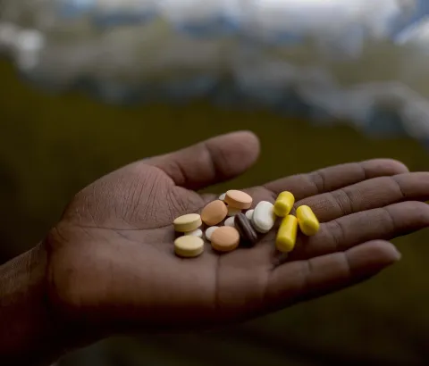Nanyanyiso Baloi holds her treatment regimen for pre-XDR-TB, which includes delamanid and bedaquiline. Khayelitsha, Western Cape, South Africa..