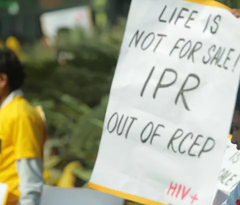 Civil society demonstration against IP provisions in RCEP that can block access to affordable medicines. Protest was done during 6th RCEP negotiationin India, 2014.