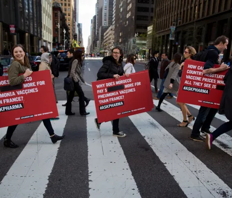 Activists from Doctors Without Borders protest vaccine pricing policies in front of the Pfizer World Headquarters in New York NY, Thursday, April 22, 2015. Pfizer refuses to publish the price of the pnuemococcal vaccine, preventing developing countries from negotiating a fair price for the drug.