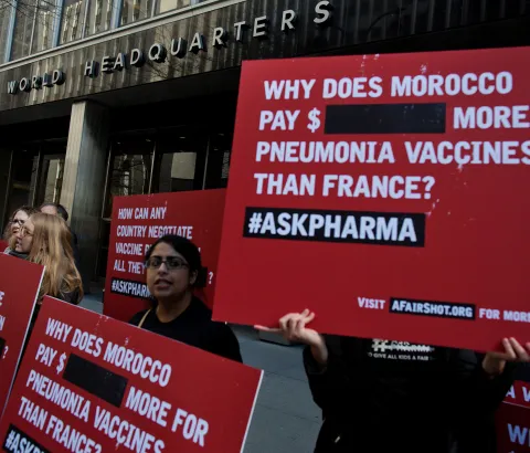Activists from Doctors Without Borders protest vaccine pricing policies in front of the Pfizer World Headquarters in New York NY, Thursday, April 22, 2015. Pfizer refuses to publish the price of the pnuemococcal vaccine, preventing developing countries from negotiating a fair price for the drug. 