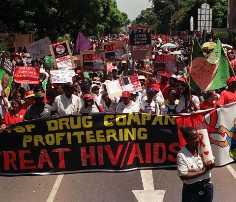 Protesters demonstrate outside Supreme Court in Pretoria, South Africa Monday March 5, 2001