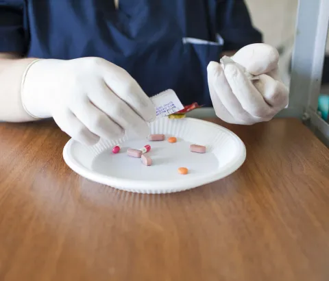 Nurses prepare patients’ ‘directly observed treatment’ (DOT) in the pharmacy of the ambulatory ward at the National Centre for Tuberculosis and Lung Disease in Georgia’s capital, Tbilisi. Because drug-resistant tuberculosis treatments can be toxic and cause many side effects, patients must take their pills in front of a medical professional (usually a nurse) to ensure that they take all drugs, hence the treatment is ‘directly observed’.