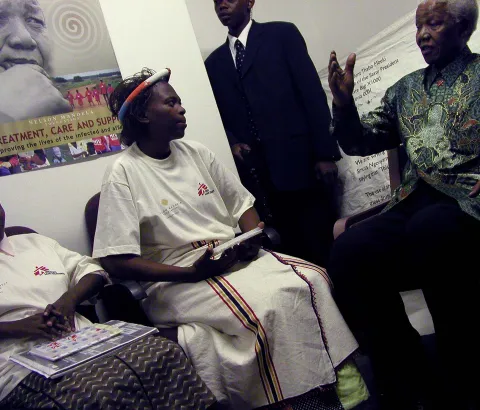 Mr Mandela at a meeting with people who are on the ARV treatment during his visit to Siyaphila la HIV Treatment Program hosted by MSF and the Nelson Mandela Foundation. The event was held at the Lusikiki Teacher's Training College. Photograph by Mariella Furrer