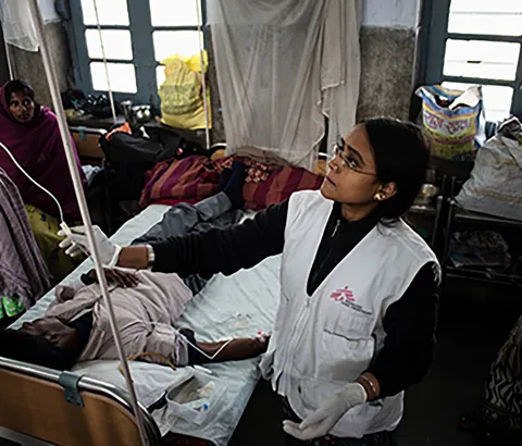 Bihar, India, February - 2014 MSF staff nurse seen administering single-dose treatment for Kala Azar patients in Sadar Hospital Hajipur. Photograph by Sami Siva