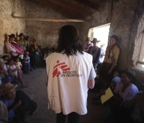 MSF staff hold an informative meeting on Chagas treatment in the community of Kochapata, Bolivia. Photograph by Juan Renau