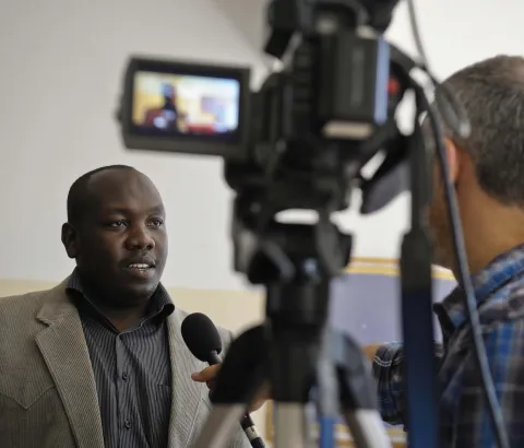 MSF OCB's first regional media training workshop in Nairobi for key spokespeople from Ethiopia, Kenya, Somalia, Somaliland, South Sudan and Sudan. This was held in May 2012 as a pilot to try to ensure that each mission has some spokespeople with dedicated training. Much of the workshop was based around practical excercises, with multiple opportunities for each participant to experience being interviewed on camera. Photograph by Robin Meldrum