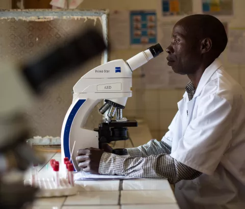 Lab technician Christophe KIKWABANTU at the laboratory of Walikale Hospital, North Kivu, February 12, 2017.