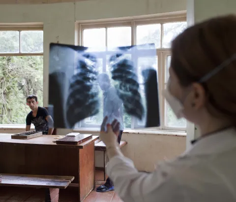 TB doctor Irma Davitadze at work at the Regional Center of Infectious Pathology, AIDS and Tuberculosis in Batumi, a beach resort town on the Black Sea. MSF has worked here since 2014. Photograph by Daro Sulakauri