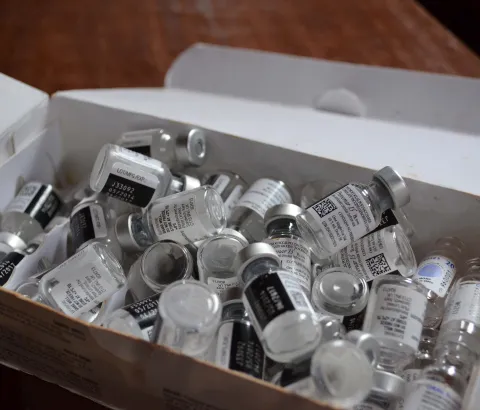 Vials of PCV13, a vaccine that protects children against pneumonia and meningitis. At 9 Euros a dose (three doses are necessary for the vaccine to be effective) PCV13 is currently priced at a rate much higher than most people in Central African Republic can afford. Photograph by Sandra Smiley